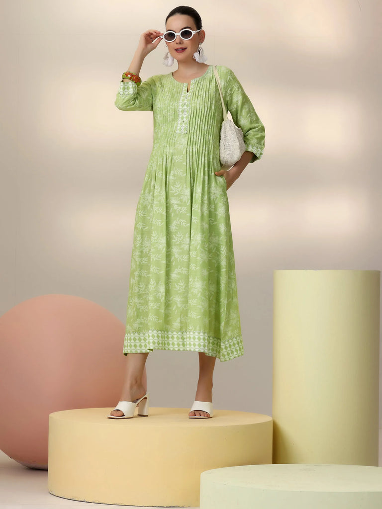 Libas Green Printed Cotton A-Line Dress