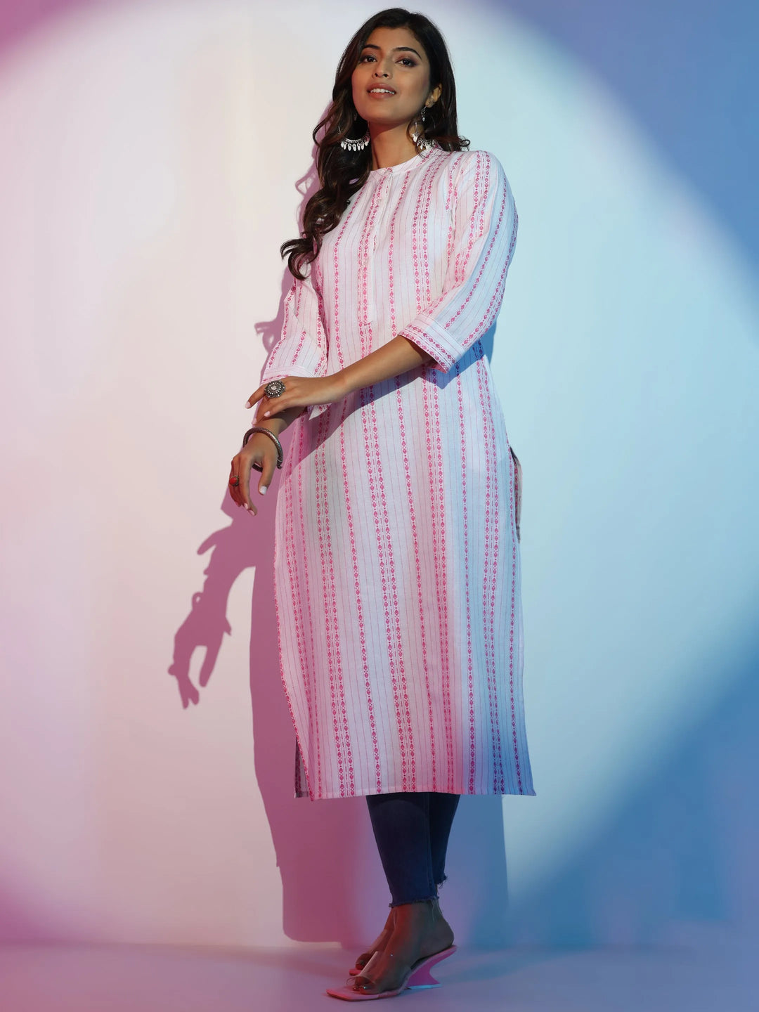  White Woven Design Cotton Straight Kurta 
