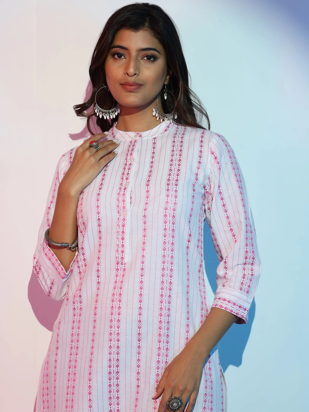  White Woven Design Cotton Straight Kurta 