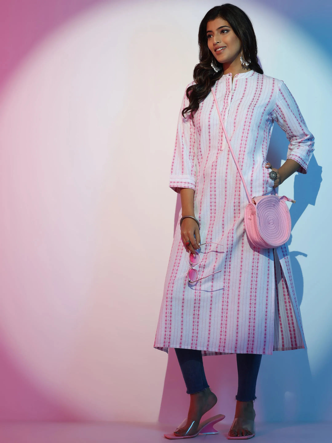  White Woven Design Cotton Straight Kurta 