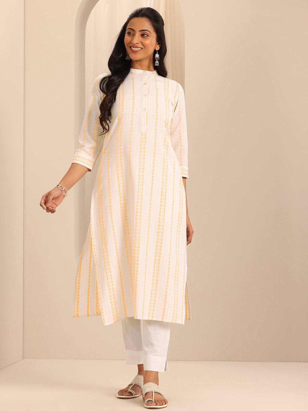  White Woven Design Cotton Straight Kurta 