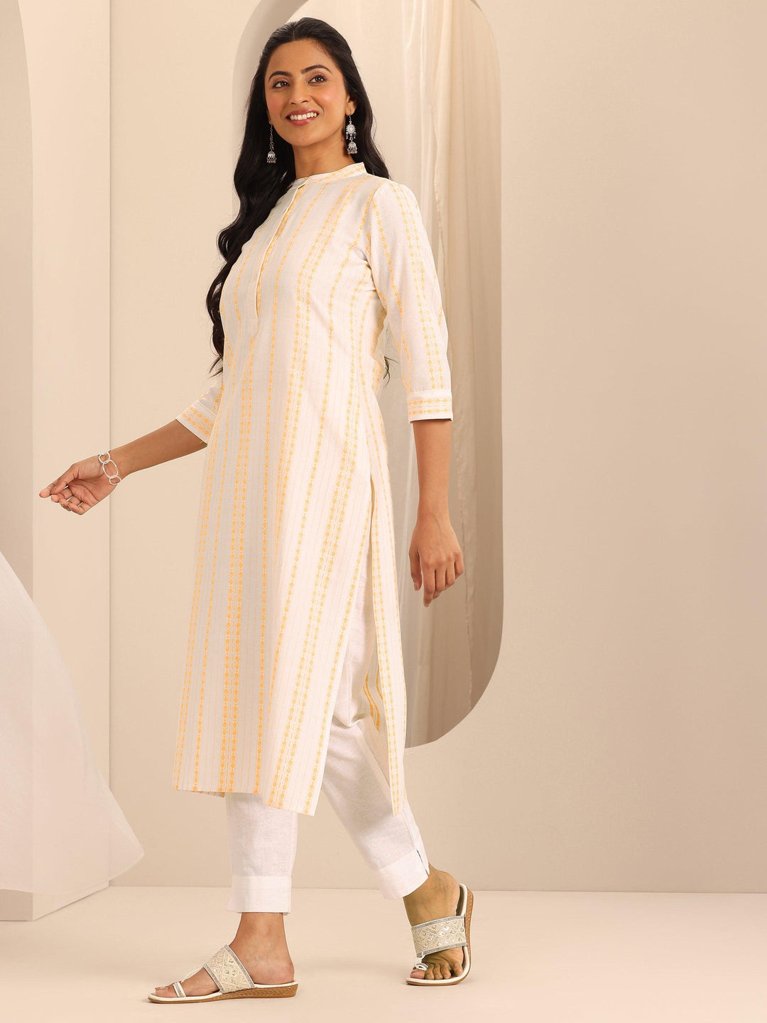  White Woven Design Cotton Straight Kurta 