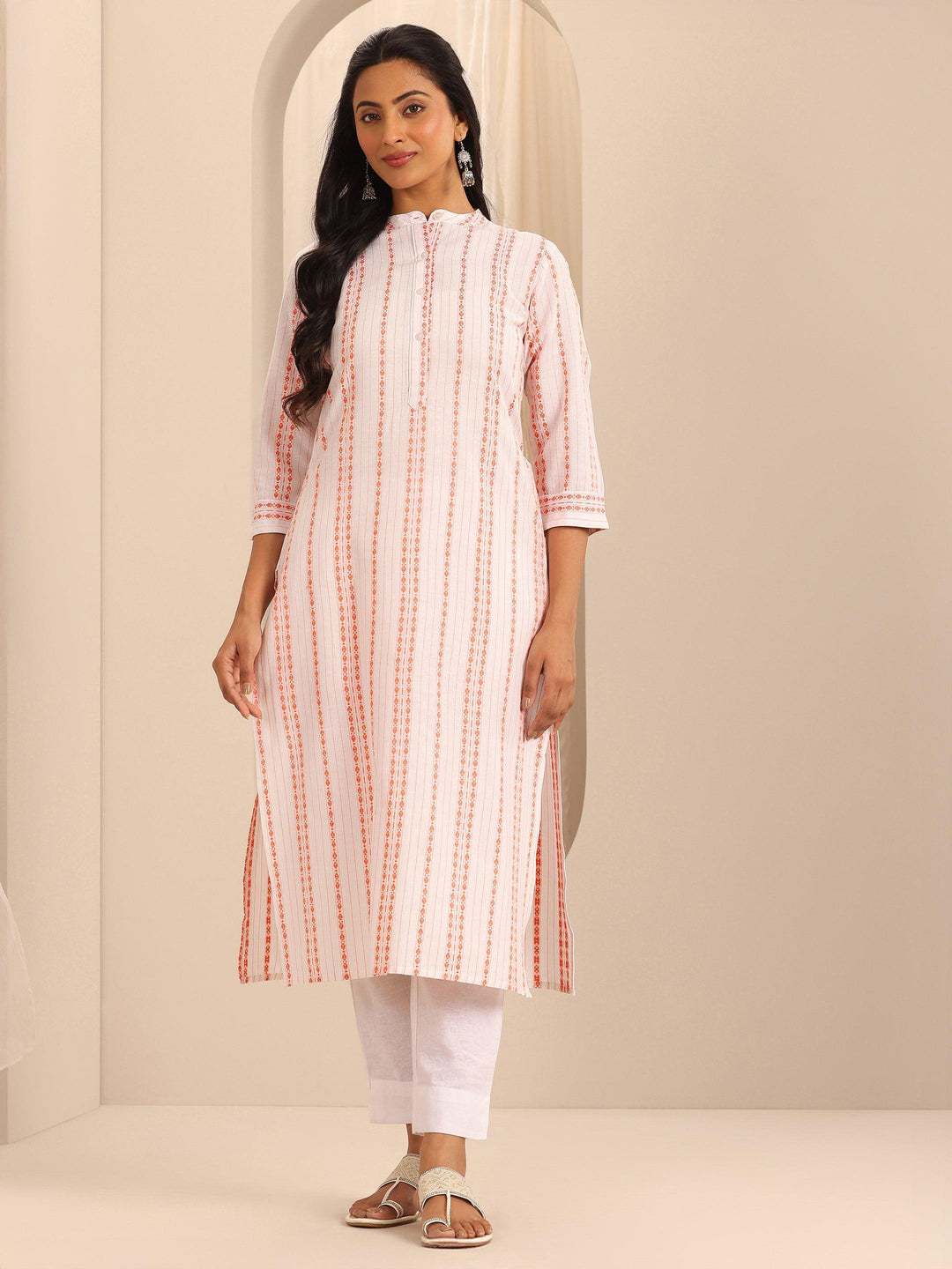  White Woven Design Cotton Straight Kurta 