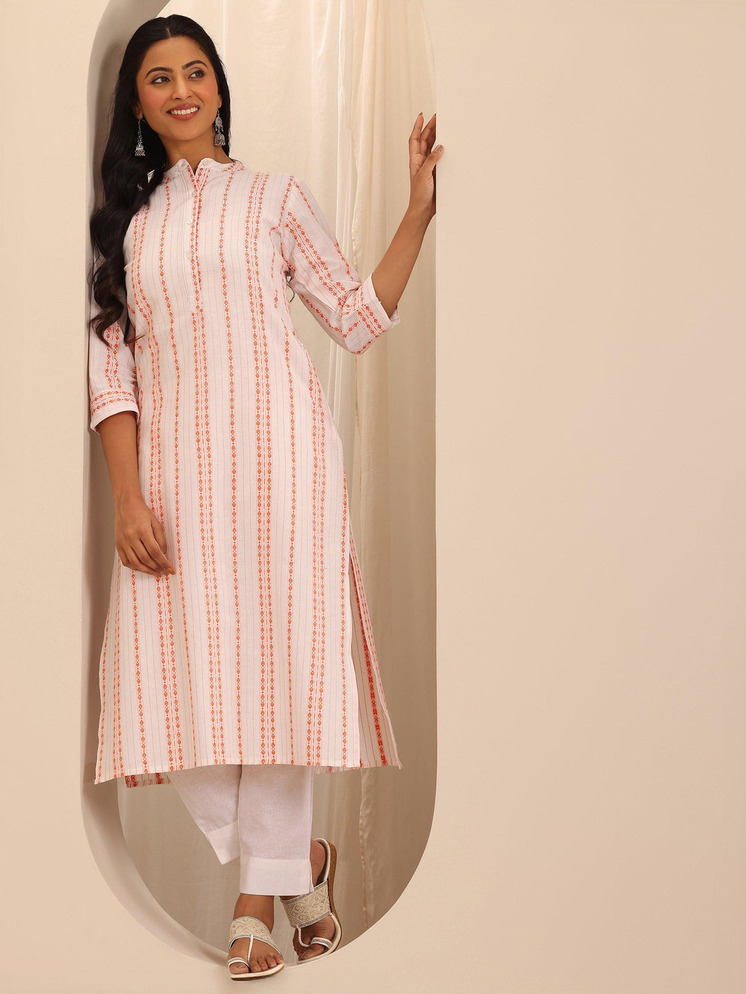  White Woven Design Cotton Straight Kurta 
