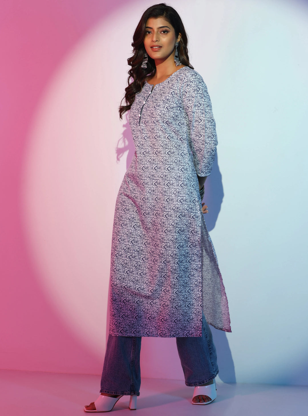  White Printed Cotton Straight Kurta 