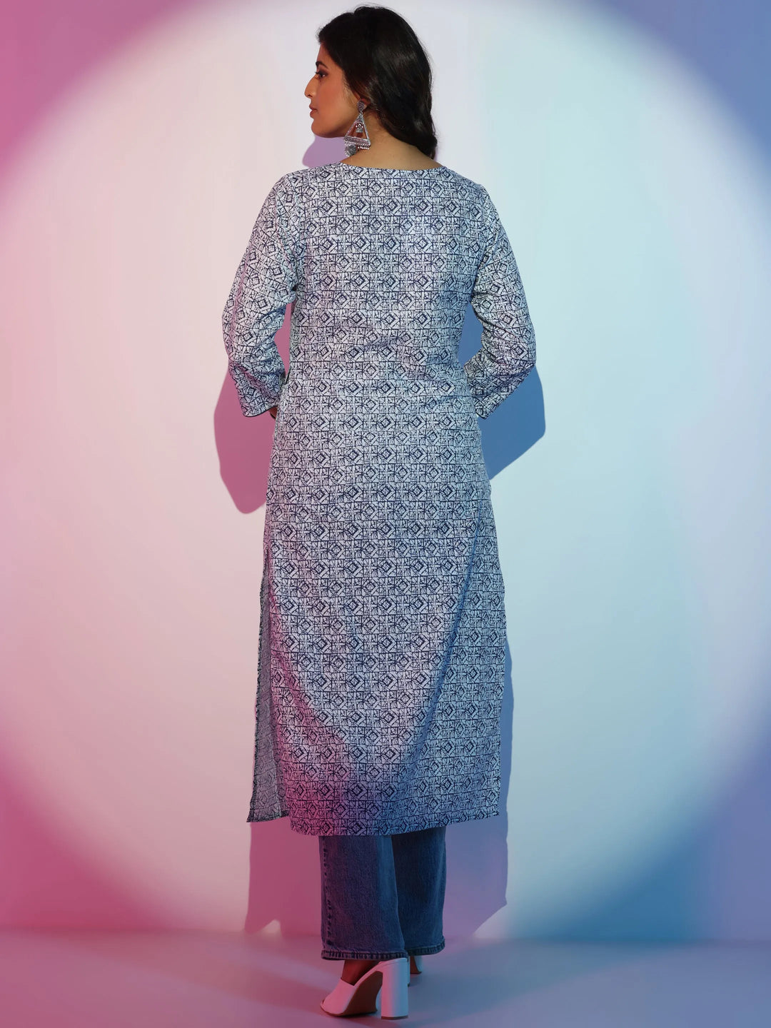  White Printed Cotton Straight Kurta 