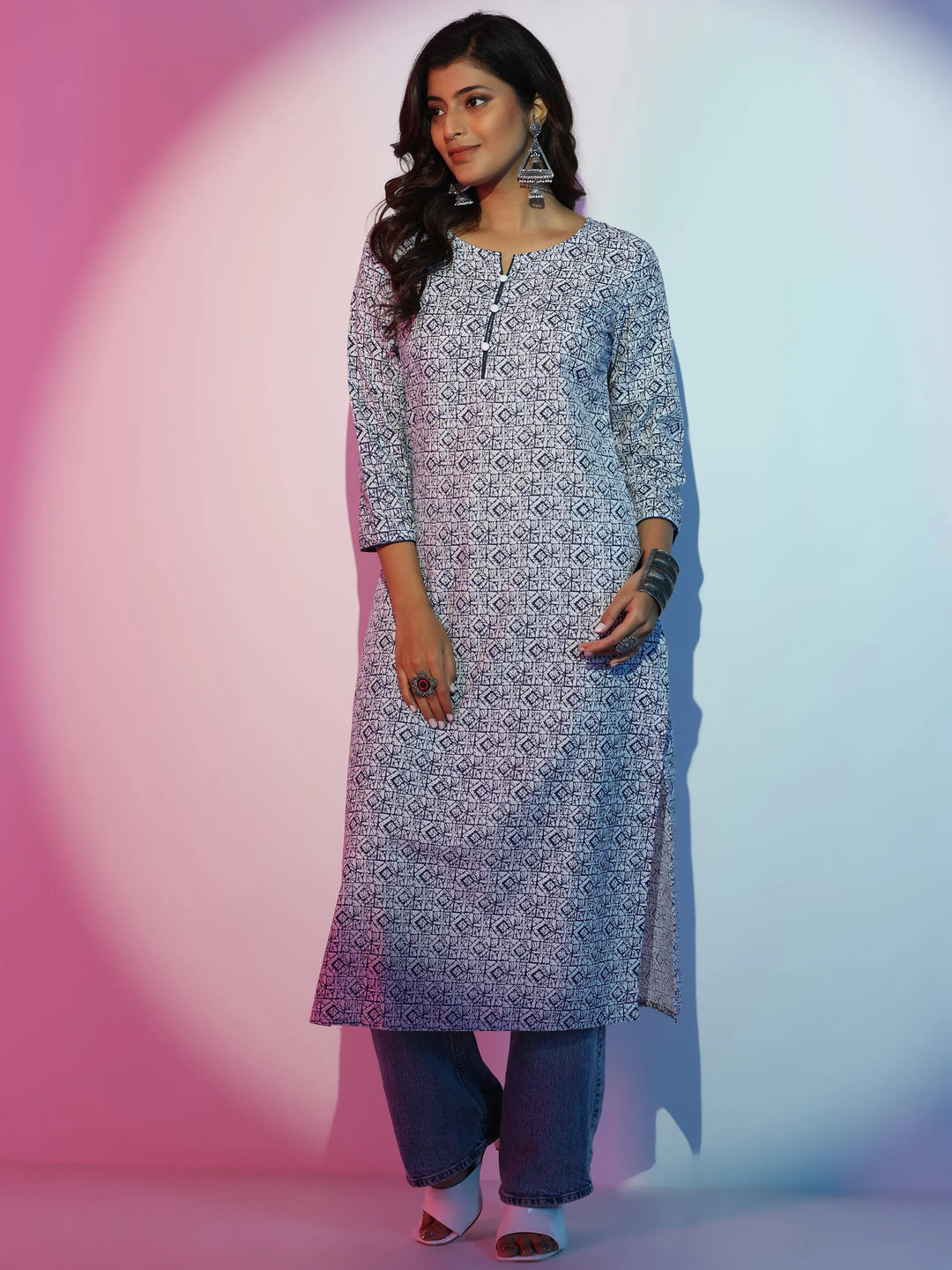  White Printed Cotton Straight Kurta 