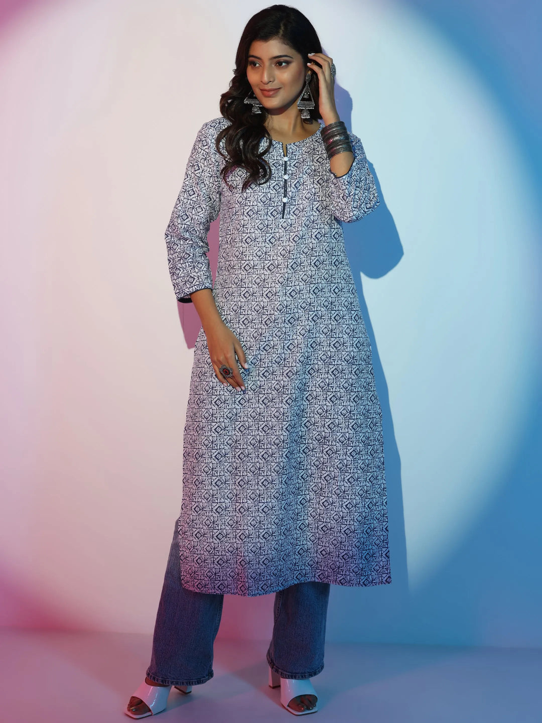  White Printed Cotton Straight Kurta 