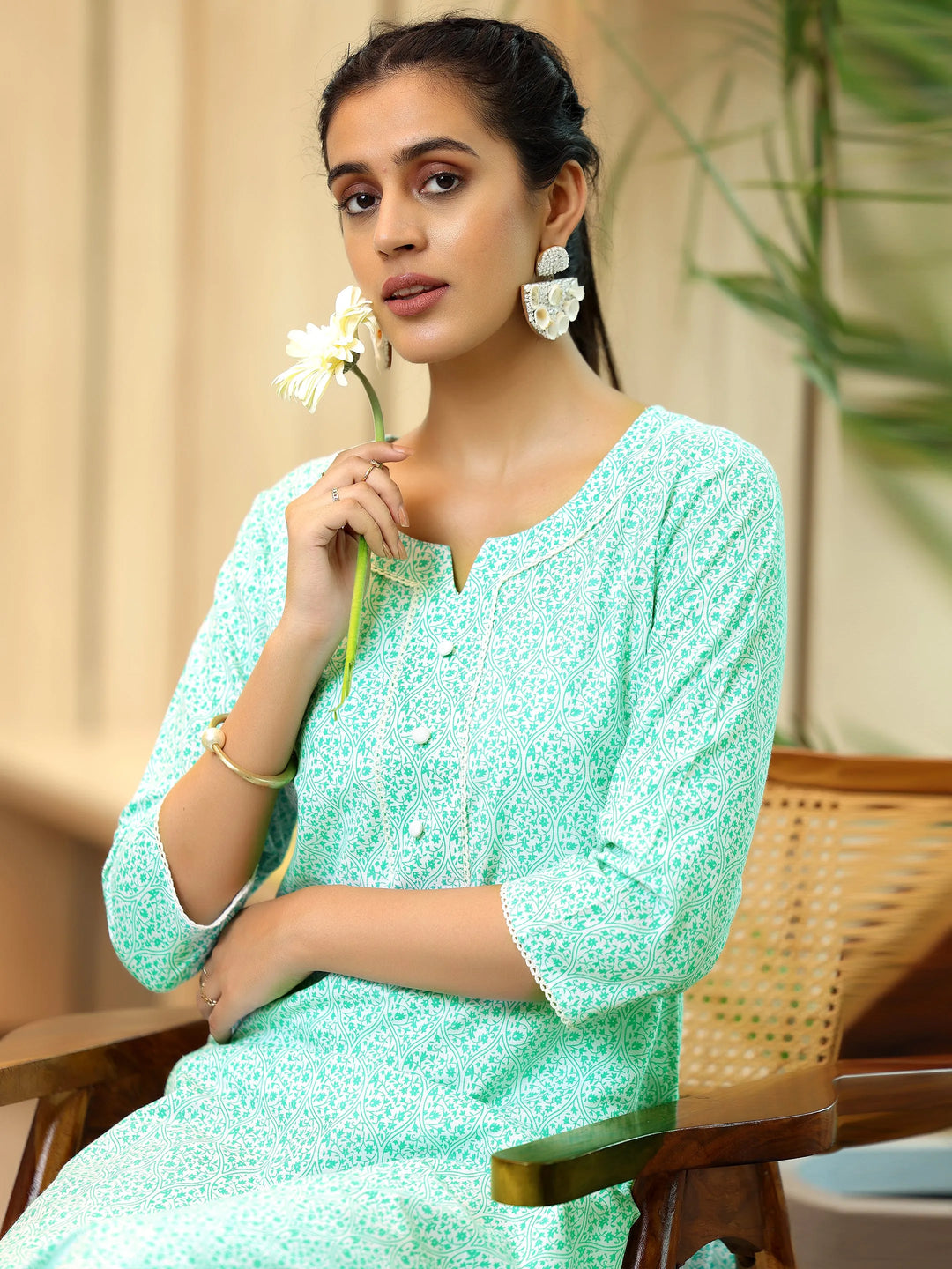  White Printed Cotton Straight Kurta 