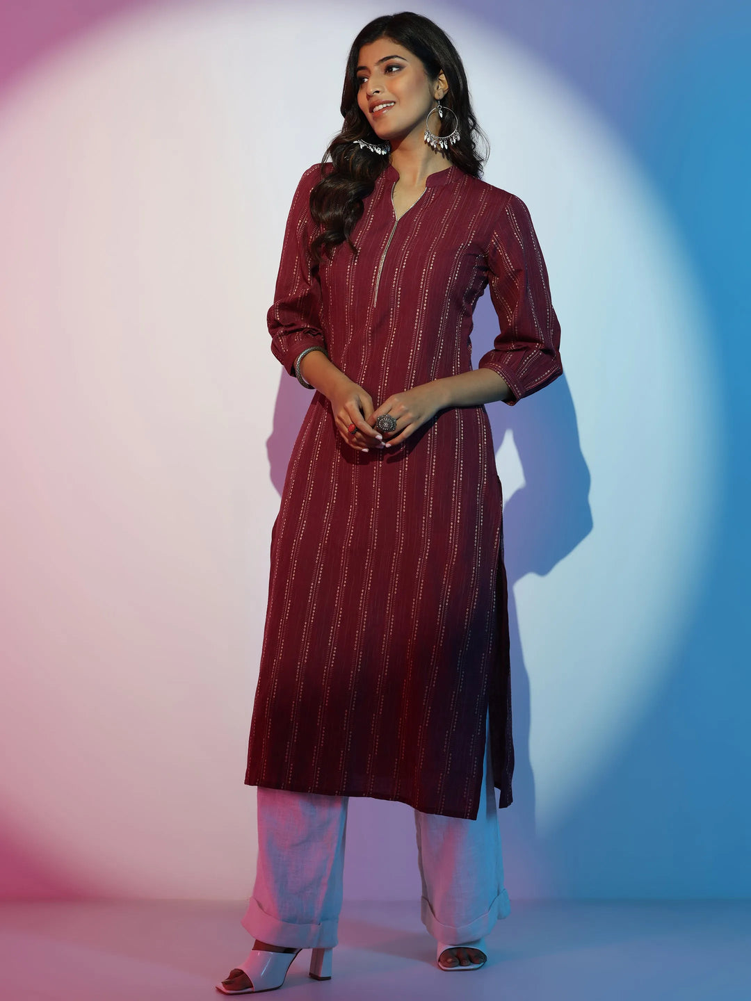  Maroon Woven Design Cotton Straight Kurta 