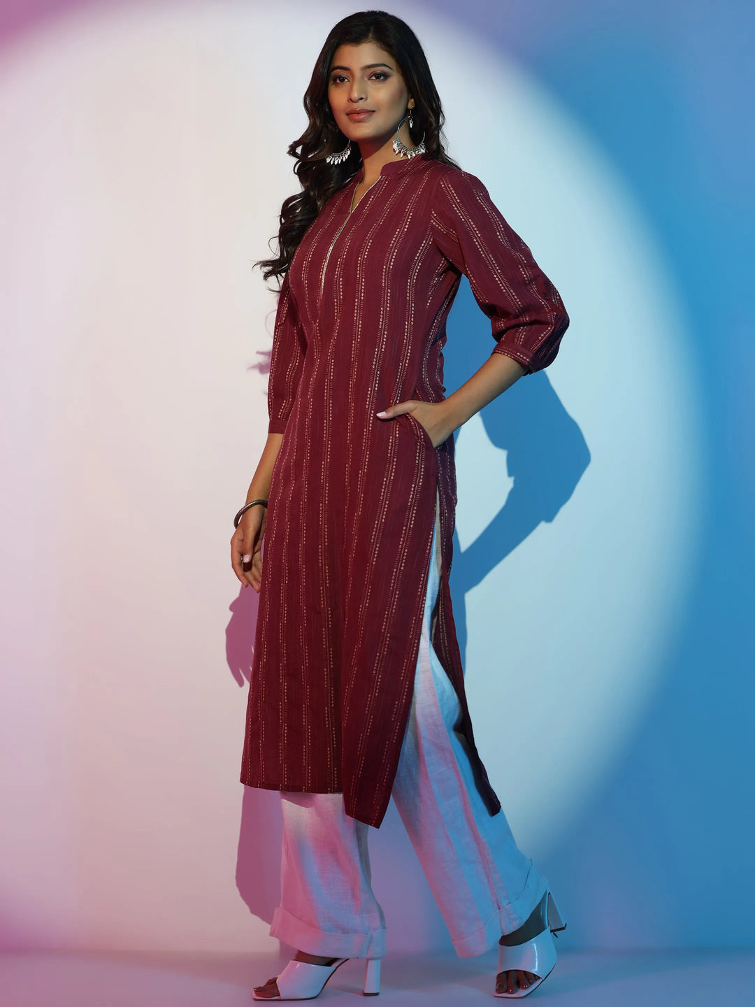 Maroon Woven Design Cotton Straight Kurta 