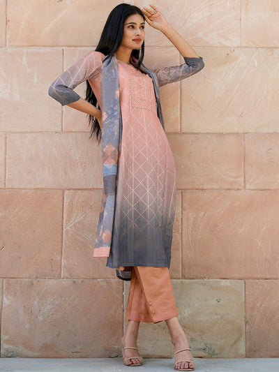 Peach Yoke Design Silk Blend Straight Kurta With Trousers & Dupatta