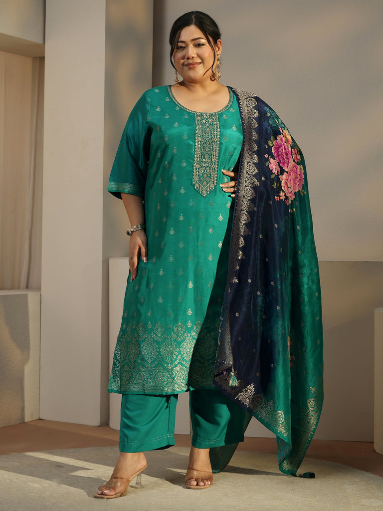 Plus Size Green Self Design Silk Straight Kurta With Trousers & Dupatta