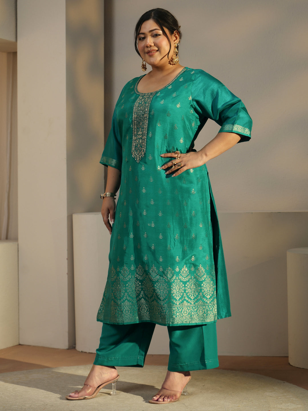  Plus Size Green Self Design Silk Straight Kurta With Trousers & Dupatta 