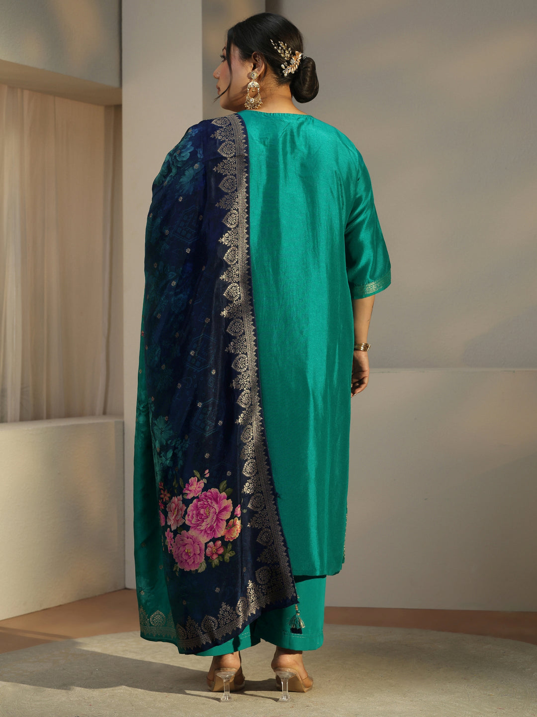  Plus Size Green Self Design Silk Straight Kurta With Trousers & Dupatta 