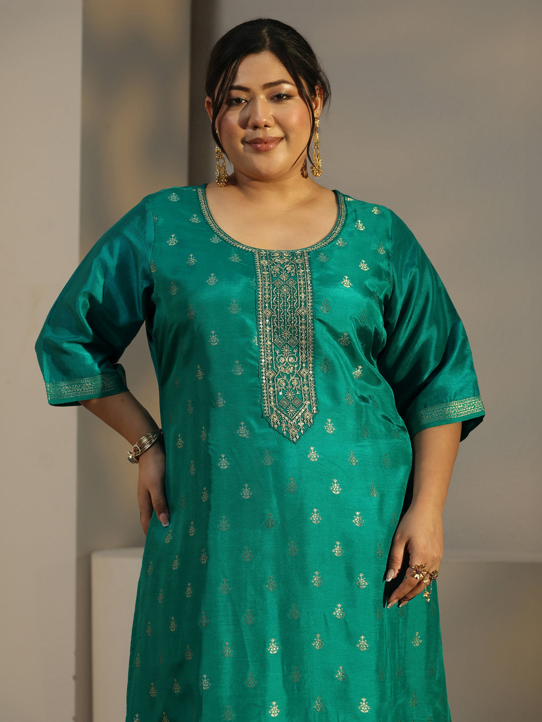  Plus Size Green Self Design Silk Straight Kurta With Trousers & Dupatta 