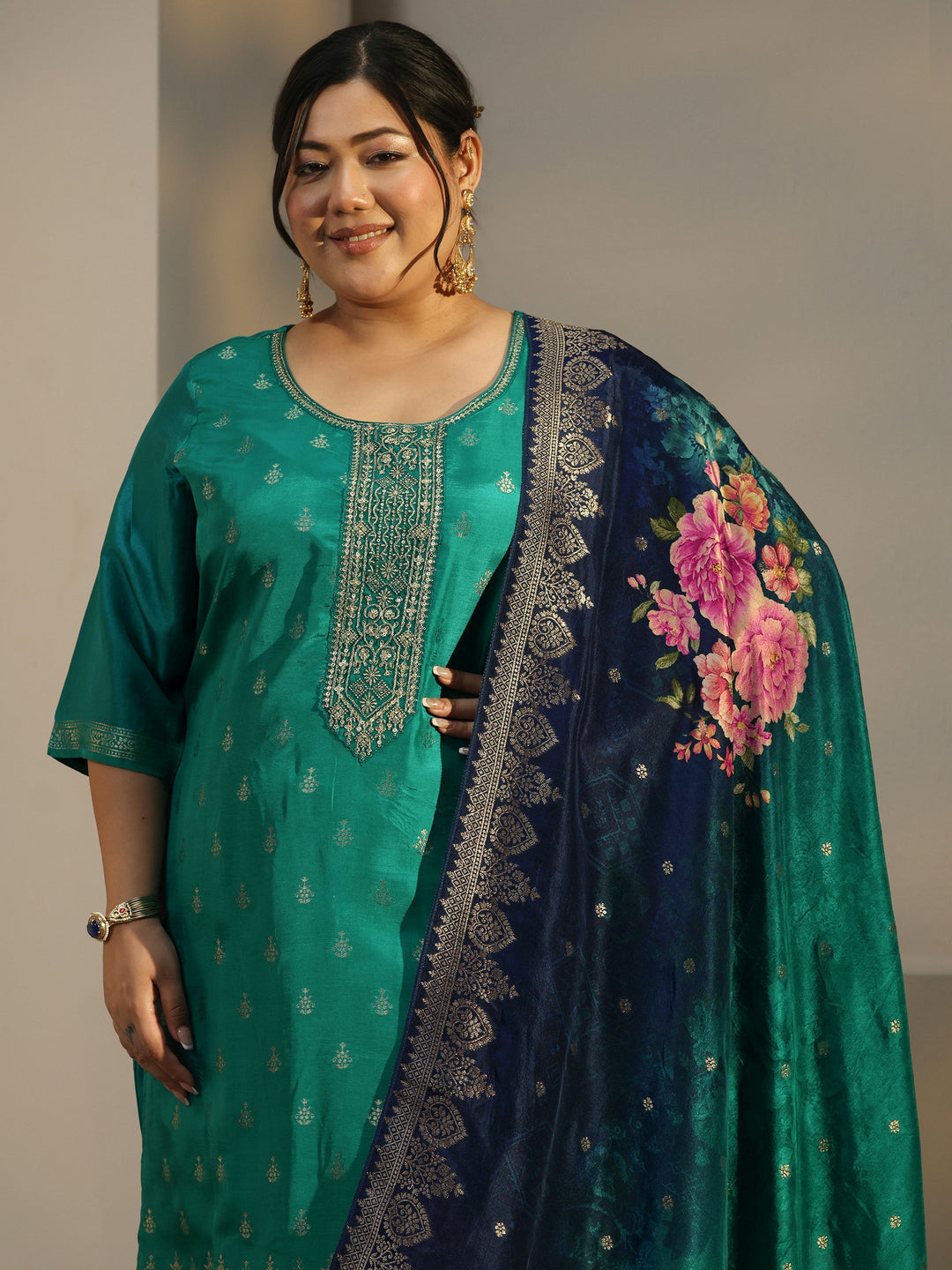  Plus Size Green Self Design Silk Straight Kurta With Trousers & Dupatta 
