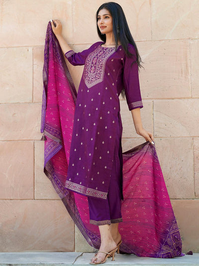 Purple Self Design Silk Blend Straight Kurta With Trousers & Dupatta - Libas