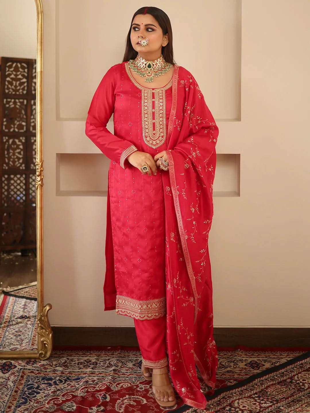 

Pink Embroidered Silk Blend Straight Kurta With Trousers & Dupatta