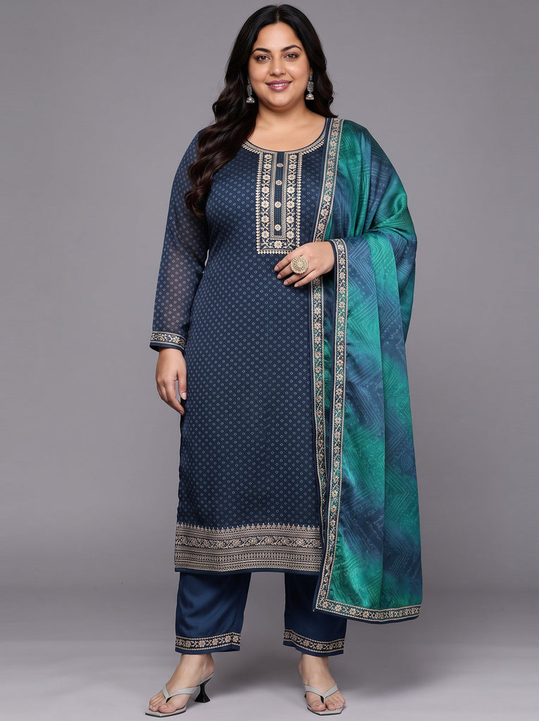 Plus Size Blue Printed Chiffon Straight Kurta With Trousers & Dupatta