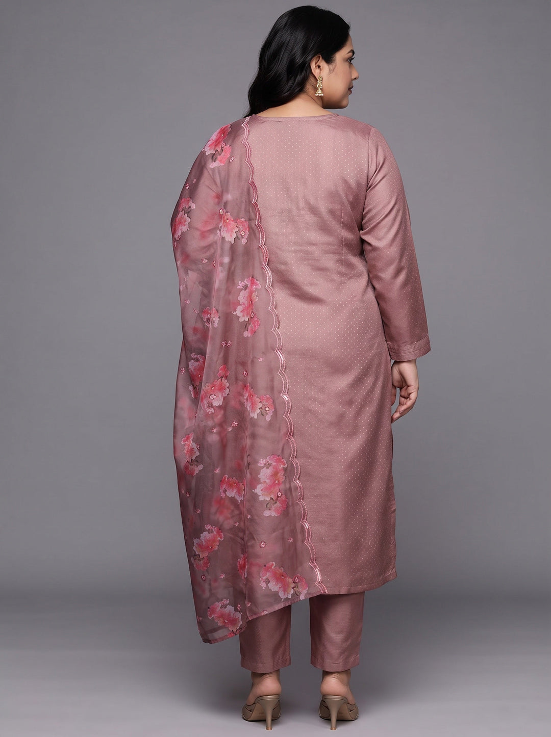  Plus Size Mauve Floral Embroidered Silk Blend Suit Set 