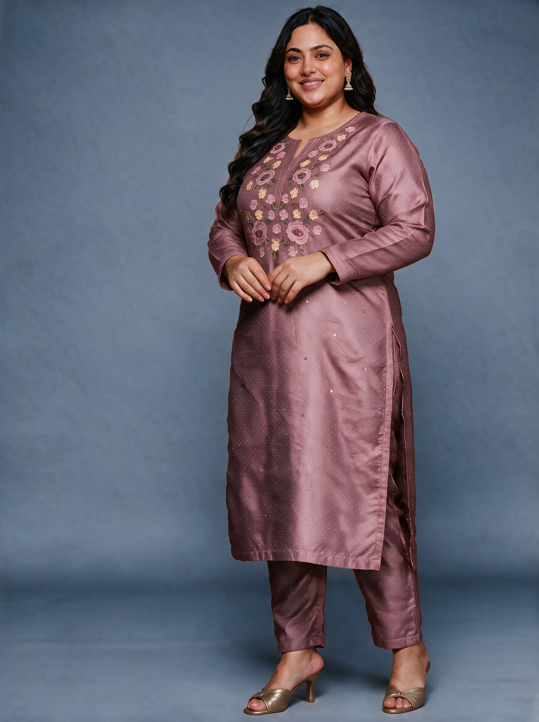 Plus Size Mauve Floral Embroidered Silk Blend Suit Set 