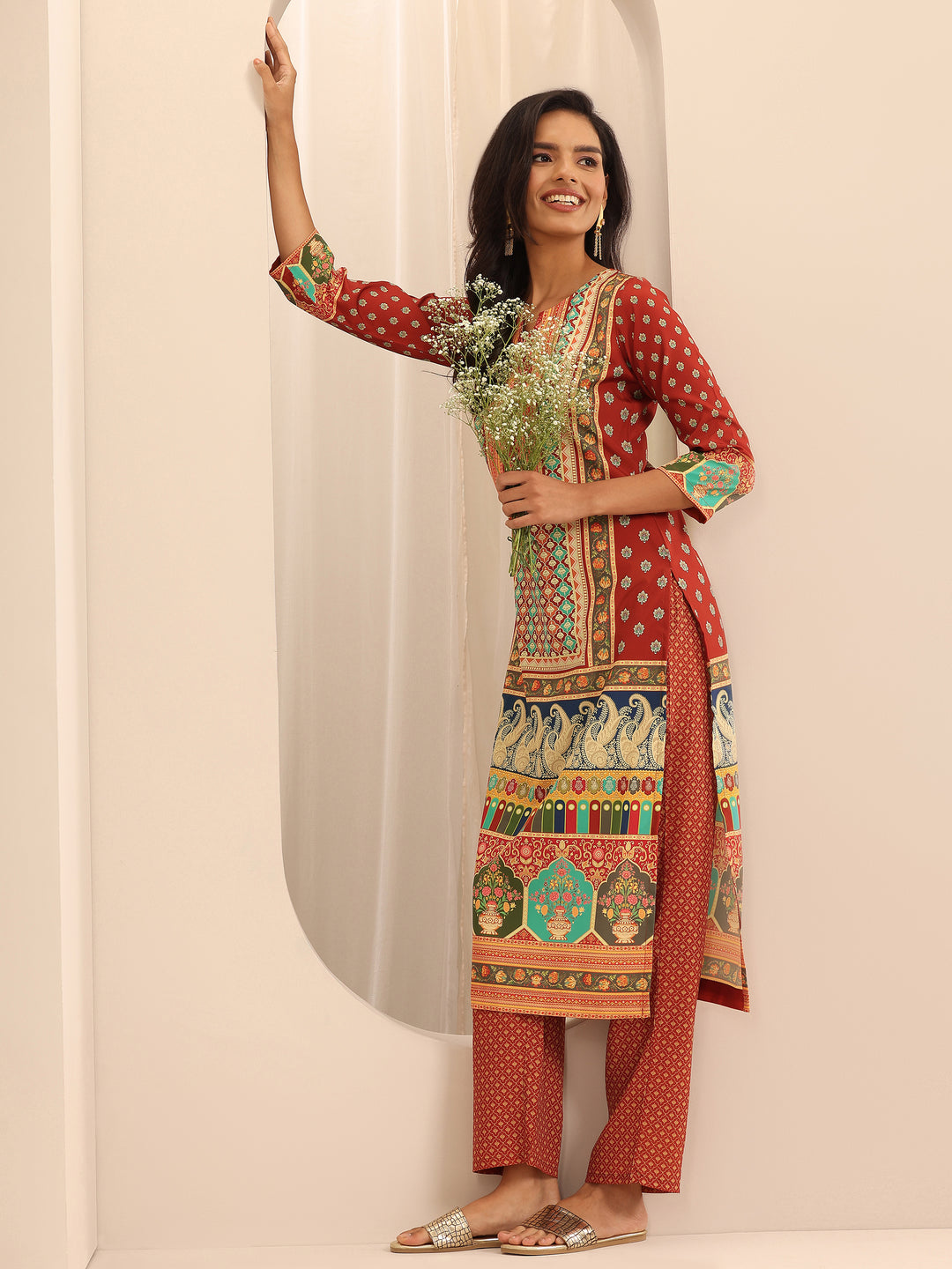  Multi Printed Poly Crepe Straight Kurta Set 