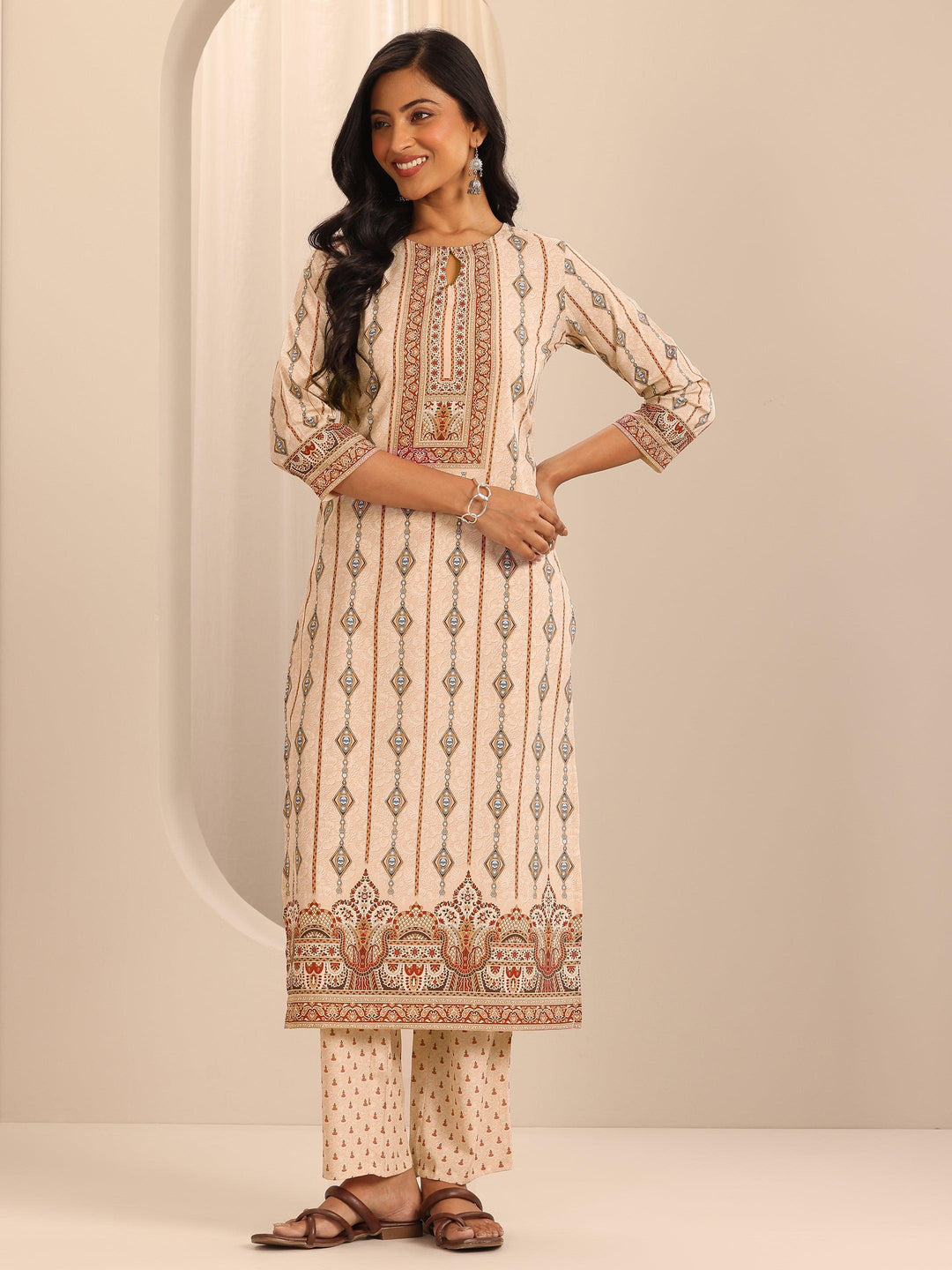  Beige Printed Poly Crepe Straight Kurta Set 