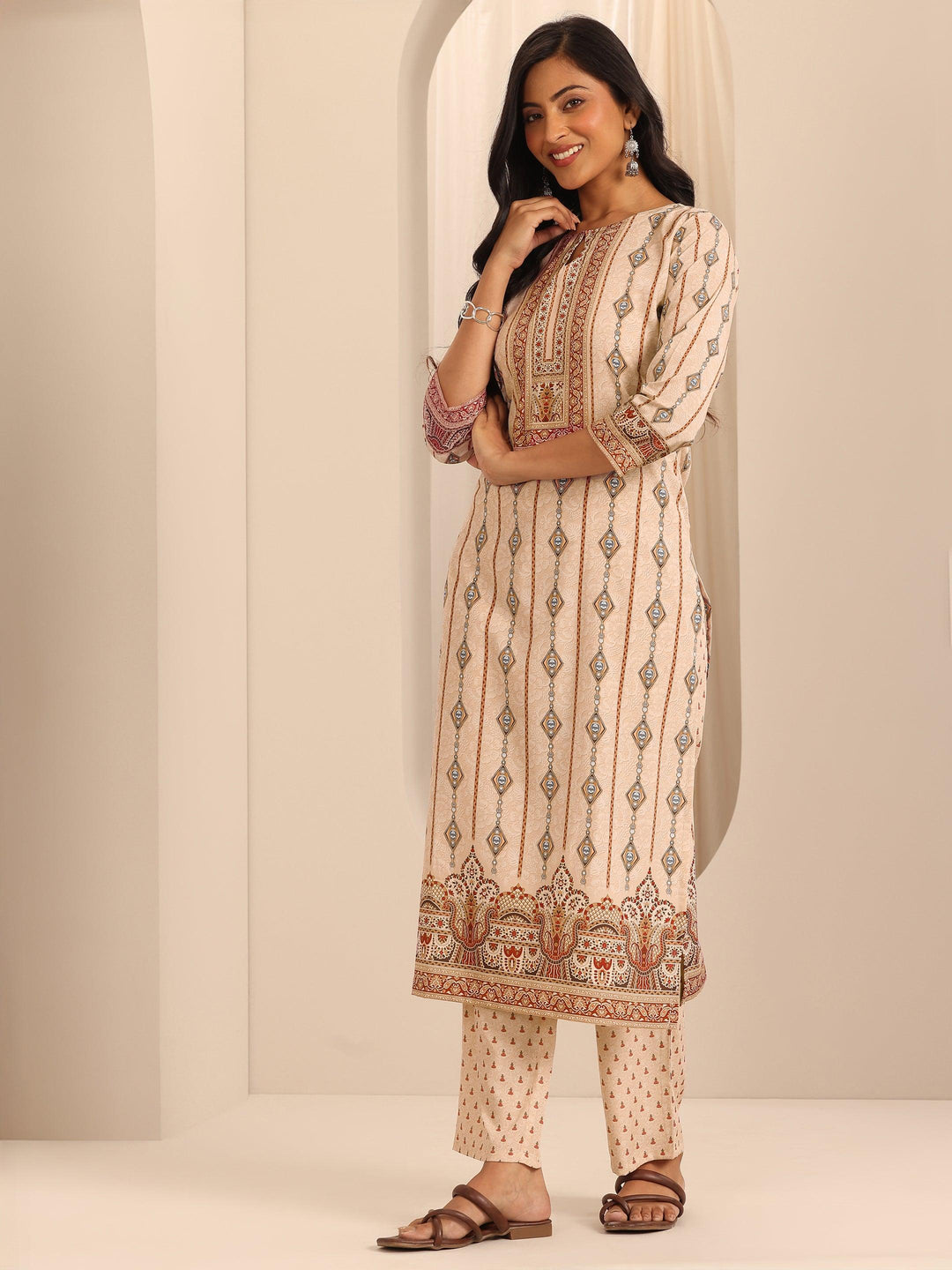  Beige Printed Poly Crepe Straight Kurta Set 