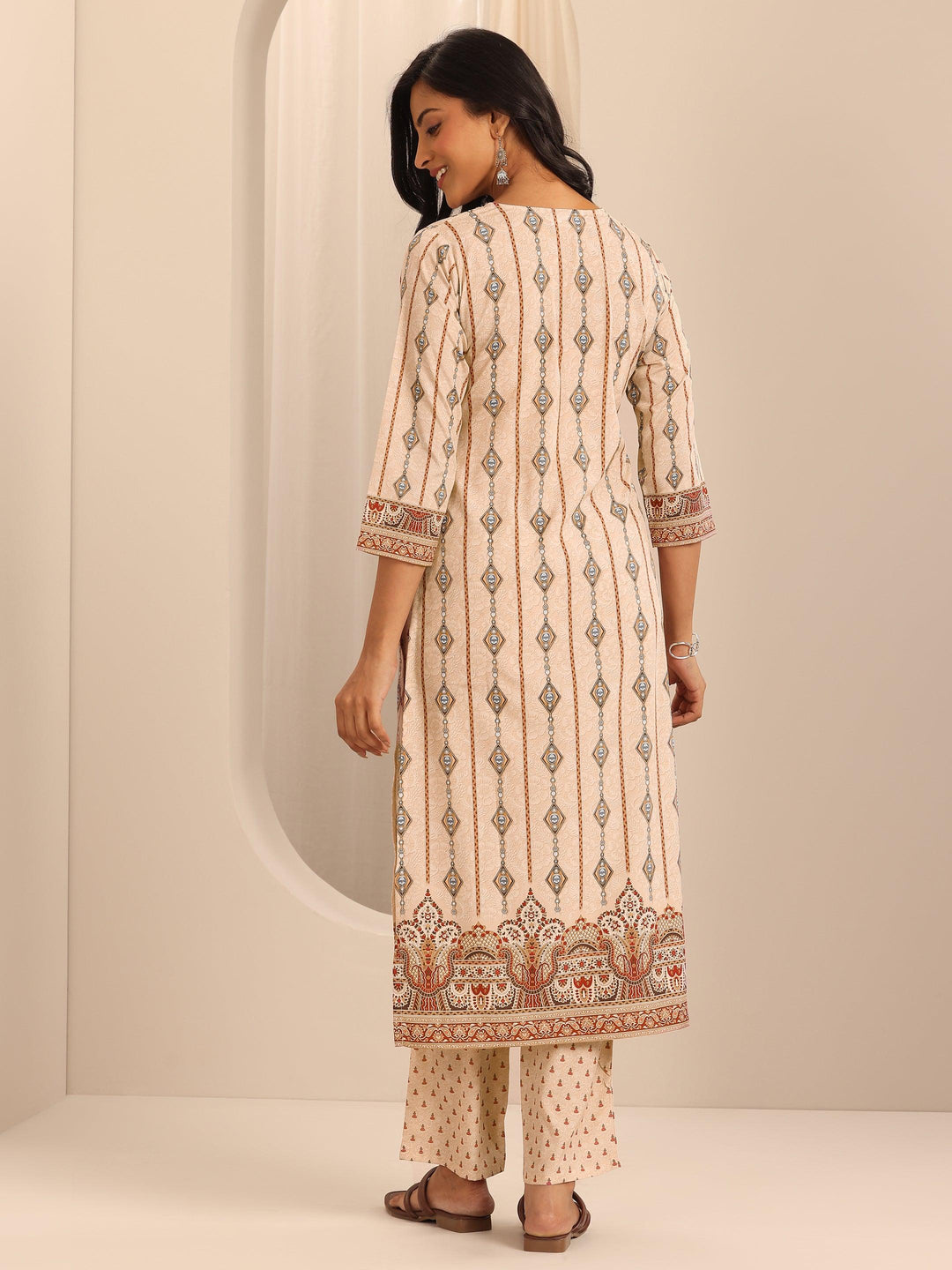  Beige Printed Poly Crepe Straight Kurta Set 