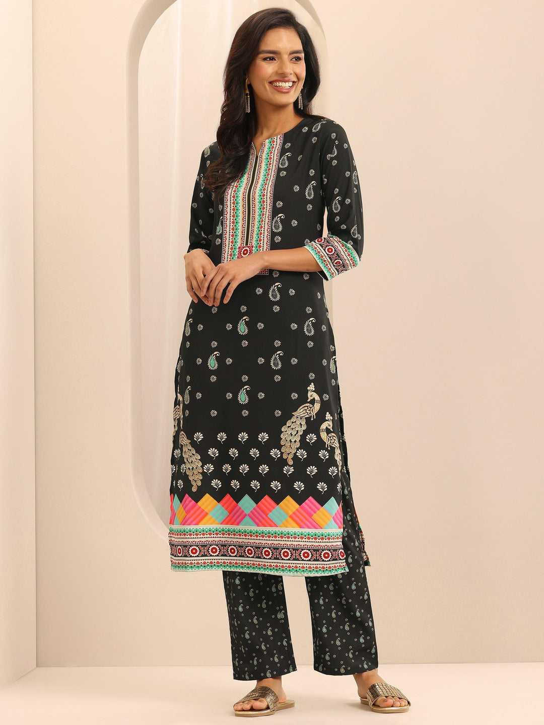  Black Printed Poly Crepe Straight Kurta Set 