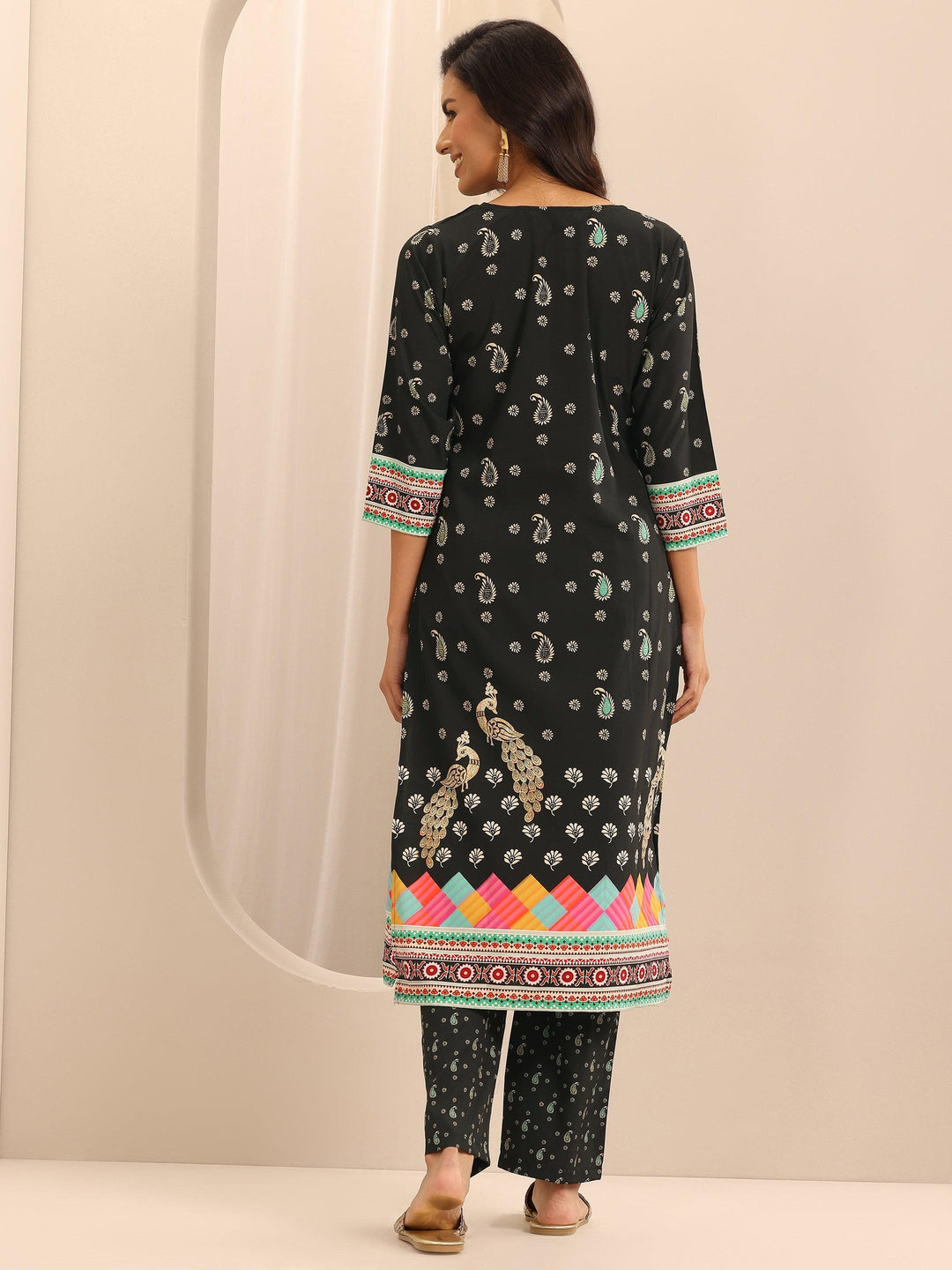  Black Printed Poly Crepe Straight Kurta Set 