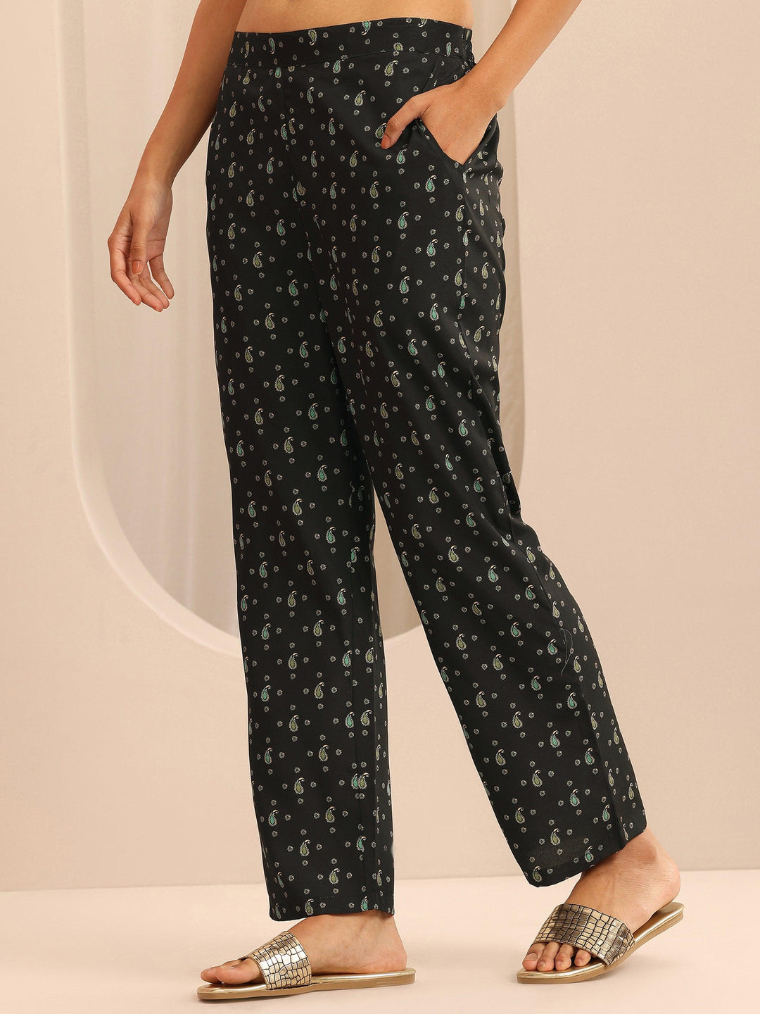  Black Printed Poly Crepe Straight Kurta Set 