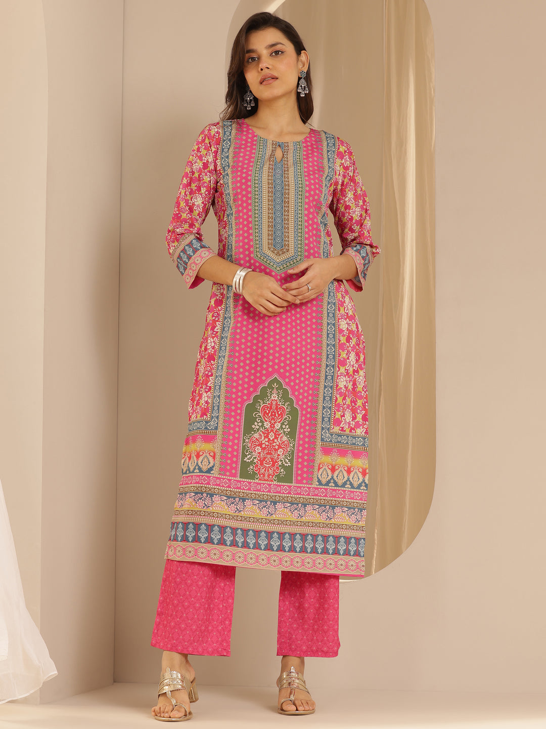  Pink Printed Poly Crepe Straight Kurta Set 
