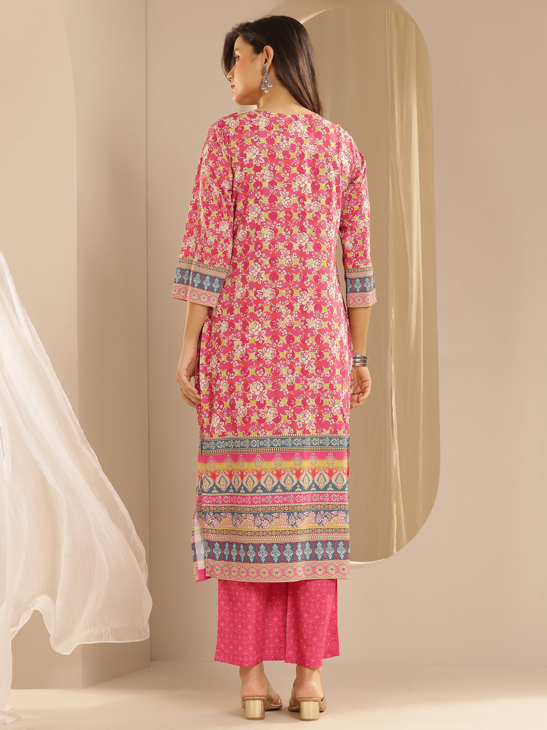  Pink Printed Poly Crepe Straight Kurta Set 