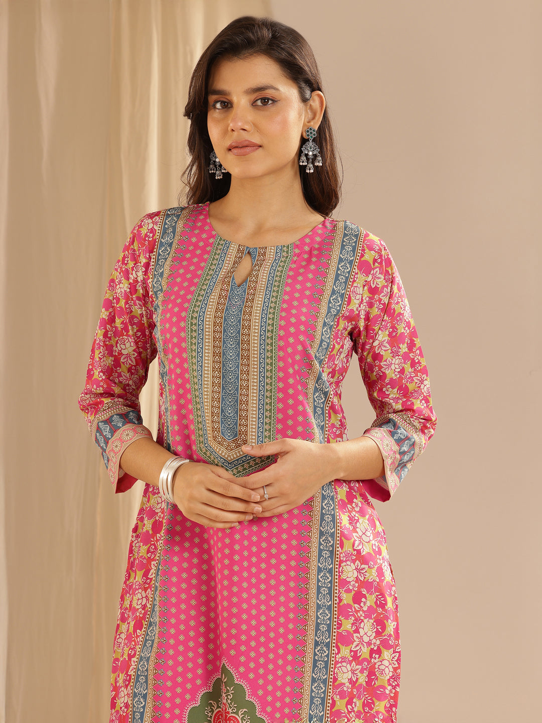  Pink Printed Poly Crepe Straight Kurta Set 