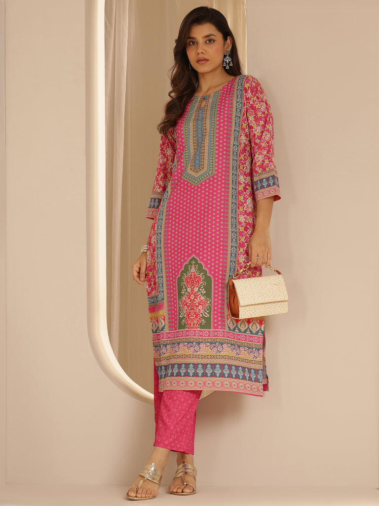 Libas Pink Printed Poly Crepe Straight Kurta Set