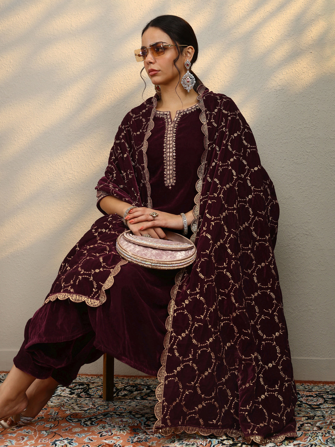 Burgundy Yoke Design Velvet Straight Suit With Dupatta