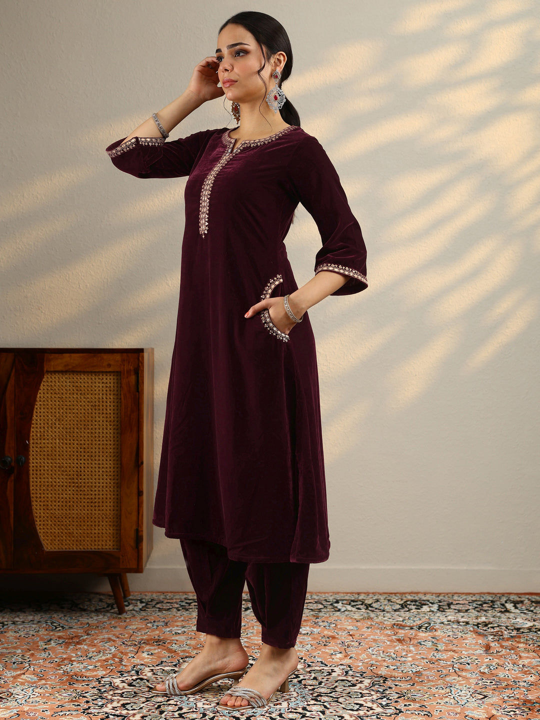  Burgundy Yoke Design Velvet Straight Suit With Dupatta 