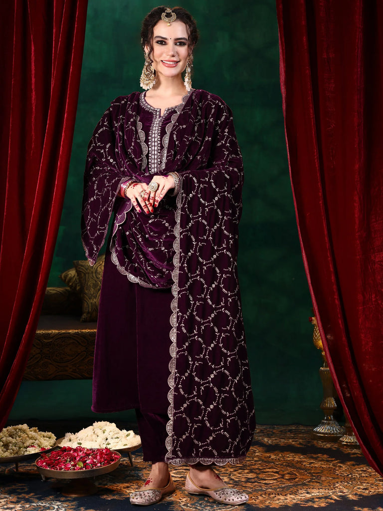 Libas Burgundy Yoke Design Velvet Straight Suit With Dupatta
