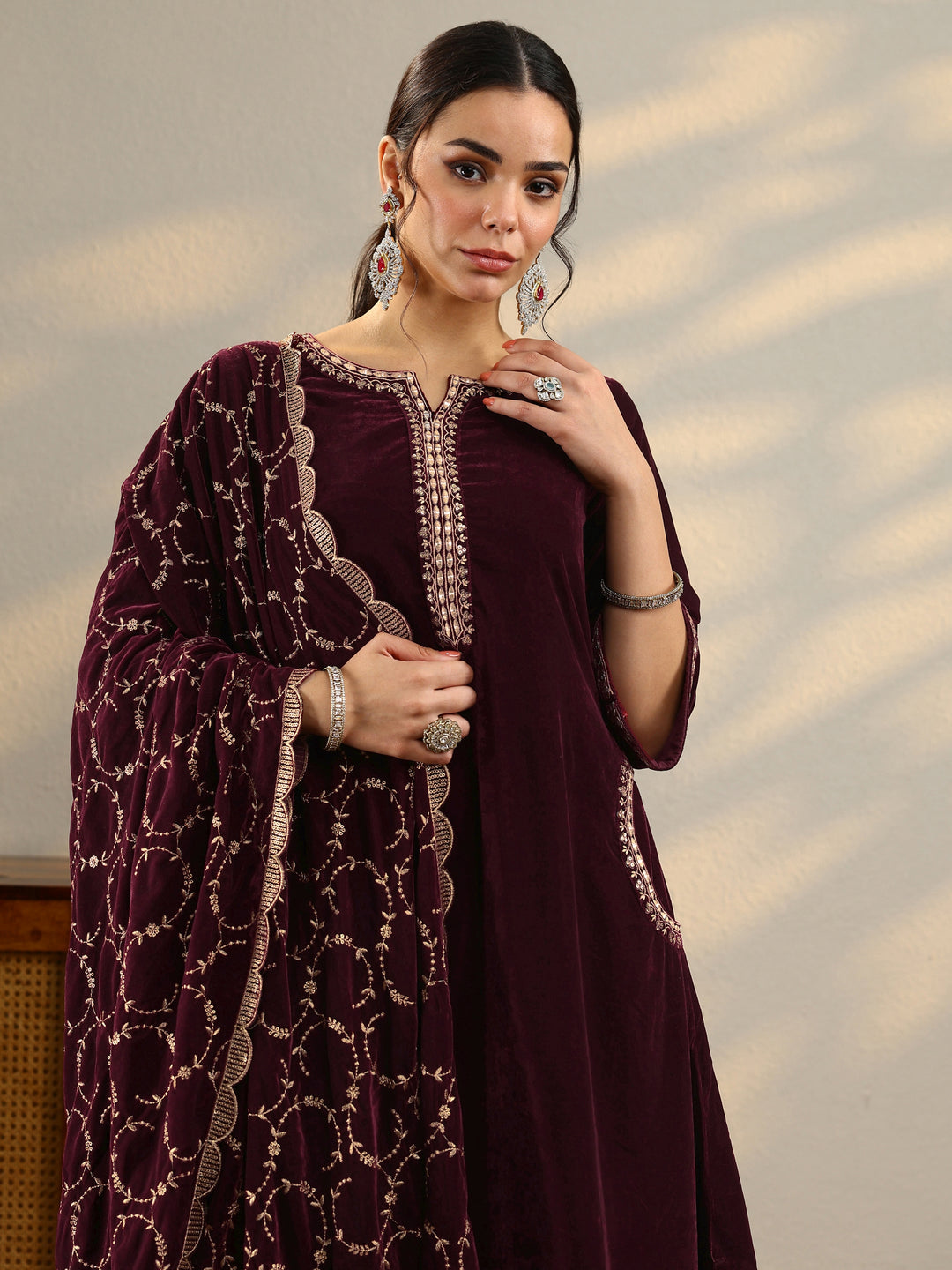  Burgundy Yoke Design Velvet Straight Suit With Dupatta 