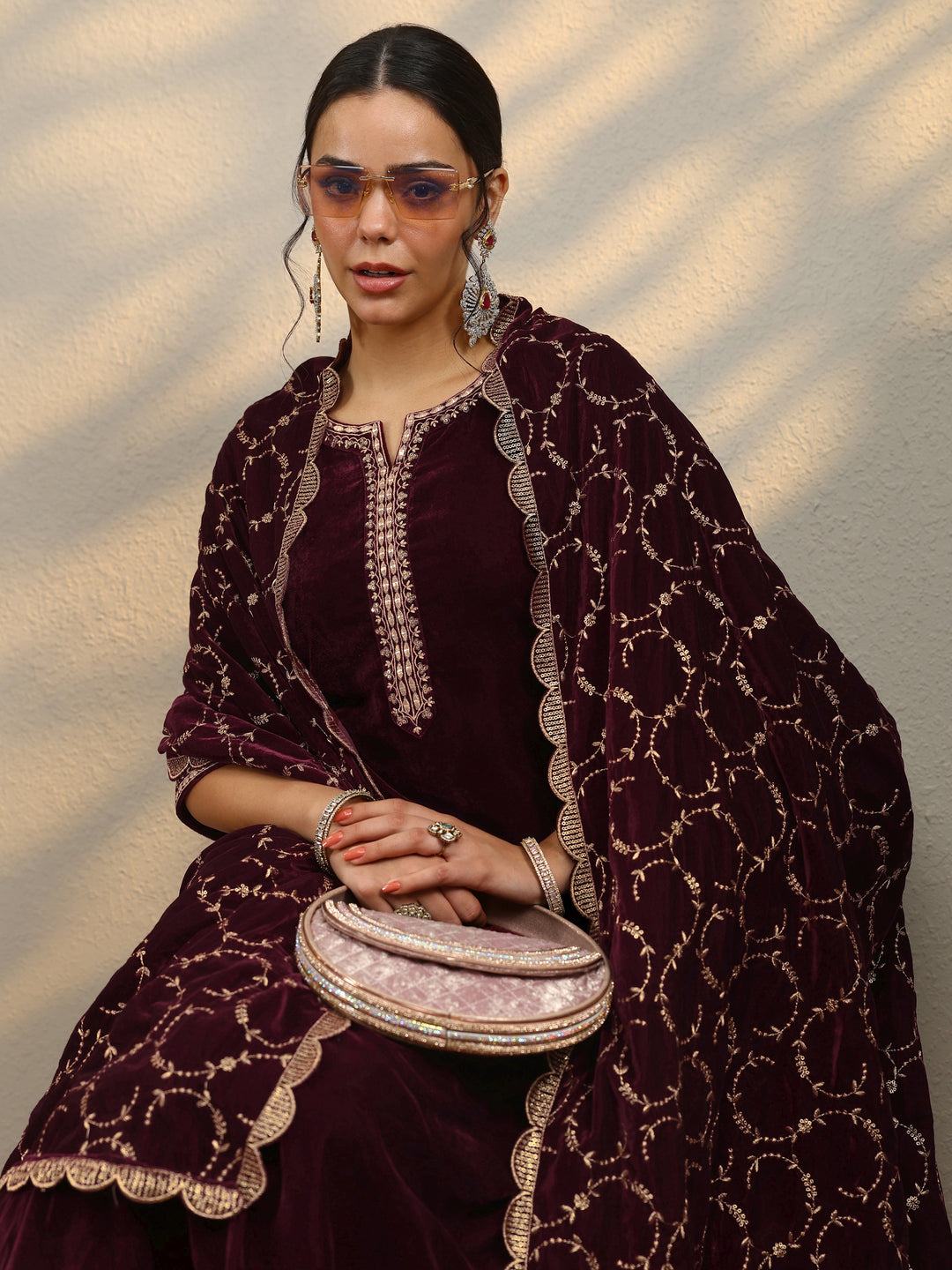  Burgundy Yoke Design Velvet Straight Suit With Dupatta 