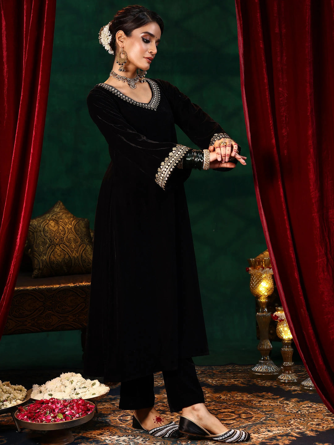 Black Yoke Design Velvet Straight Suit With Dupatta 