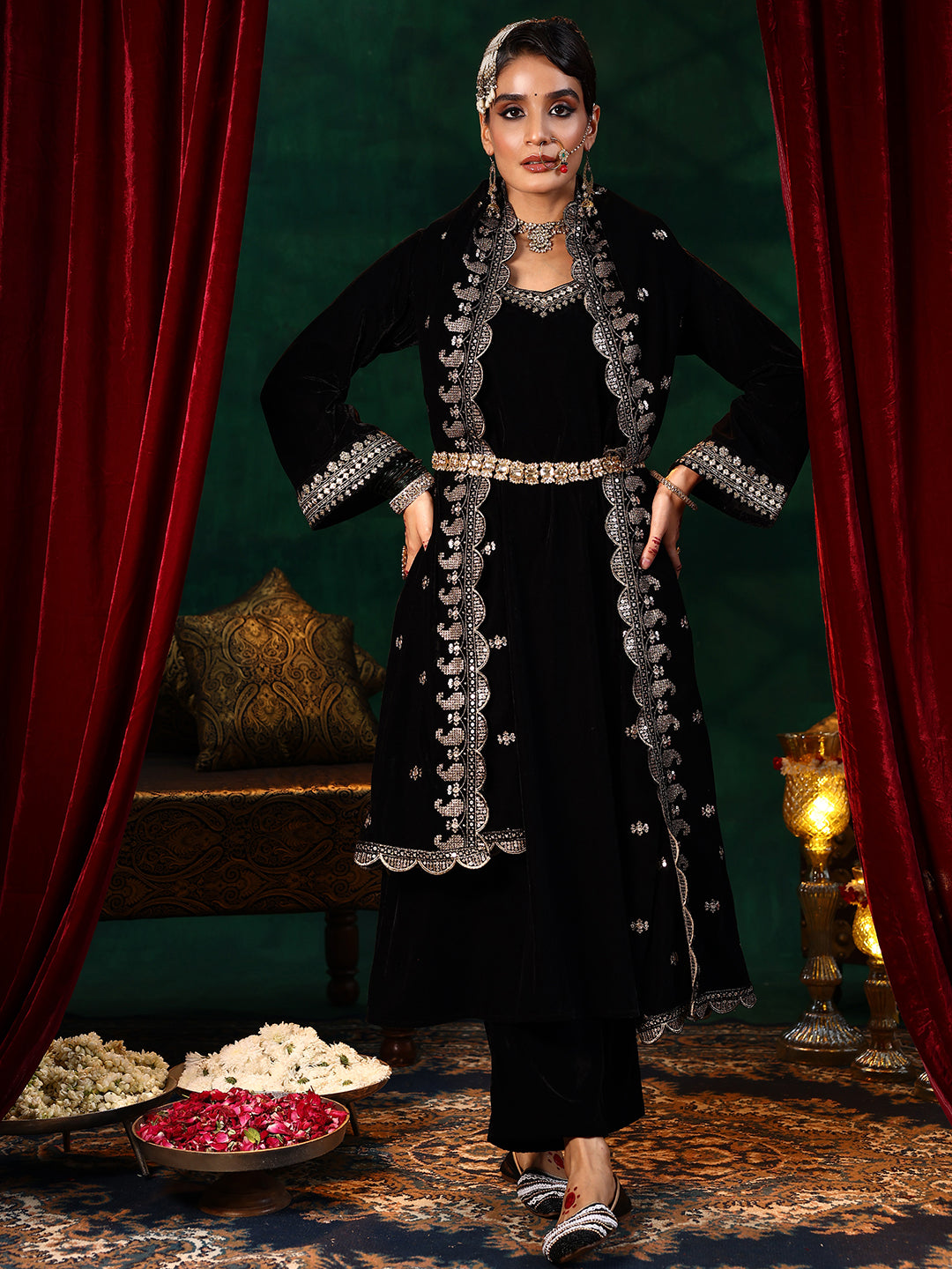  Black Yoke Design Velvet Straight Suit With Dupatta 