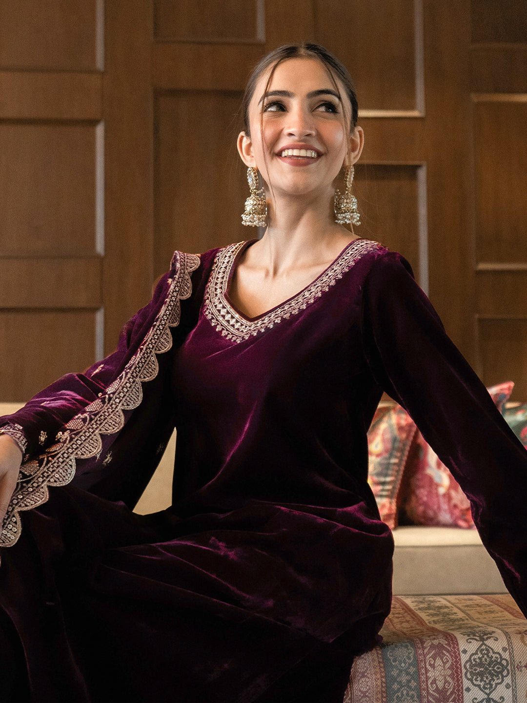  Burgundy Yoke Design Velvet Straight Suit With Dupatta 