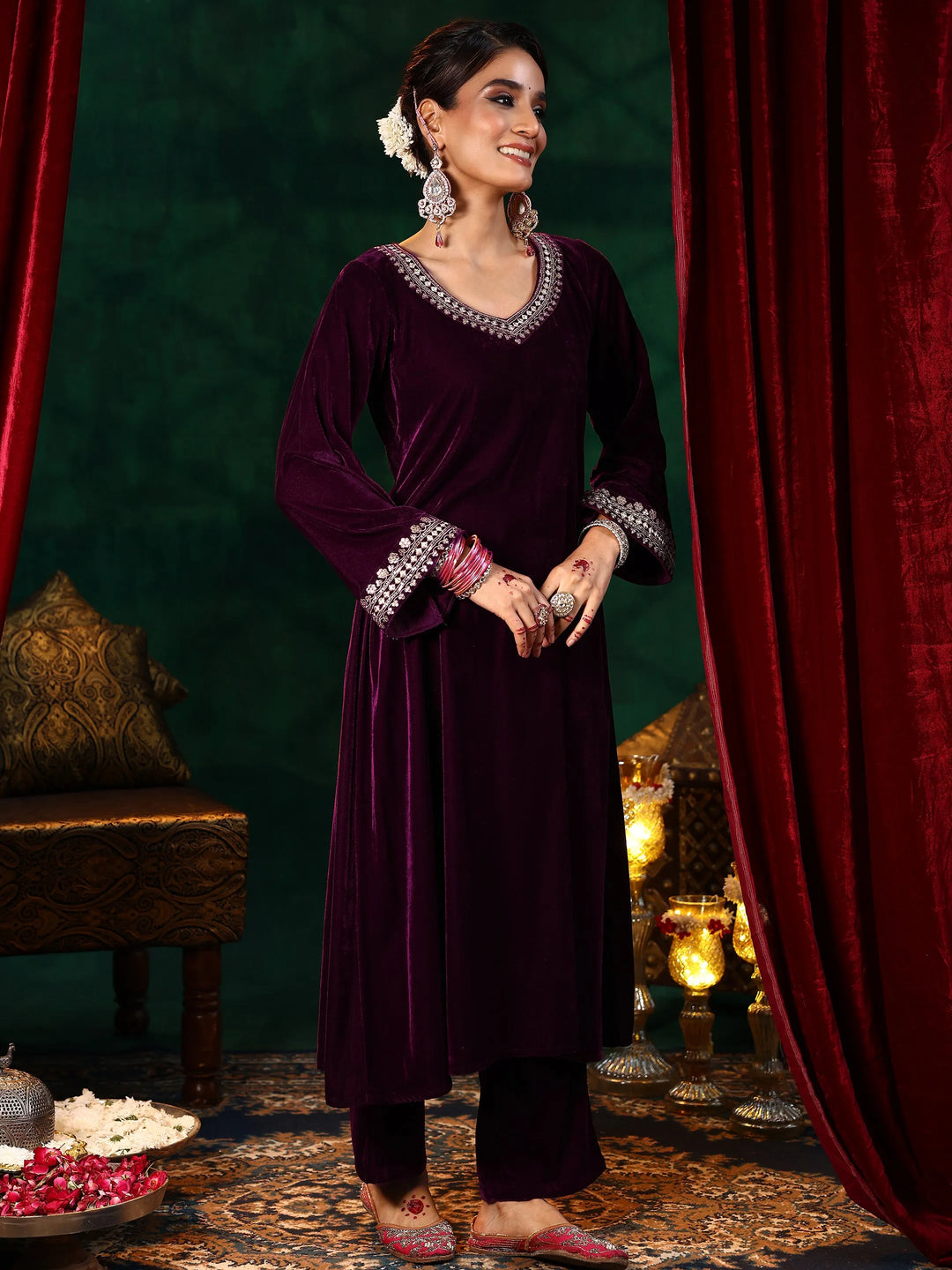  Burgundy Yoke Design Velvet Straight Suit With Dupatta 