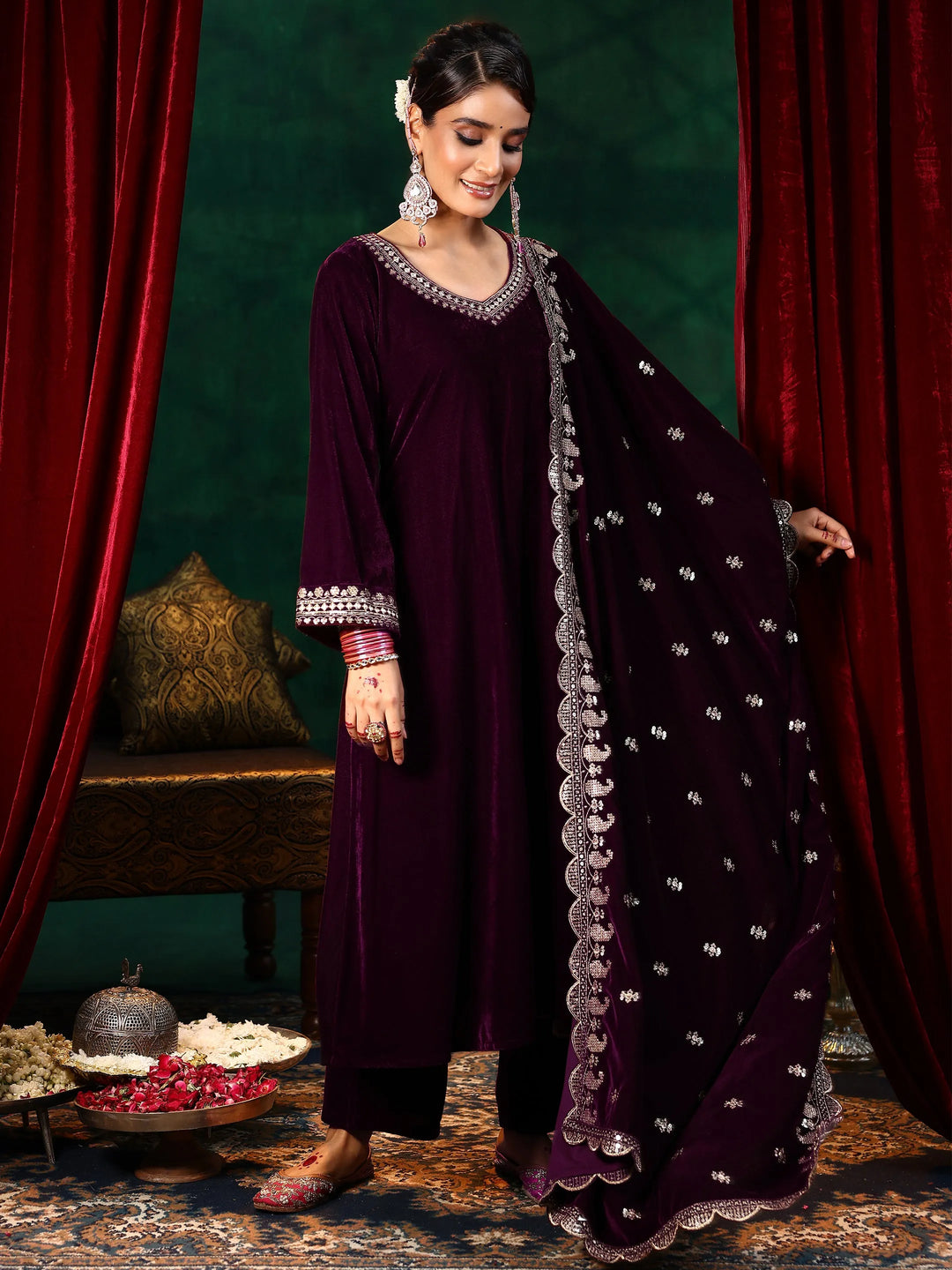  Burgundy Yoke Design Velvet Straight Suit With Dupatta 
