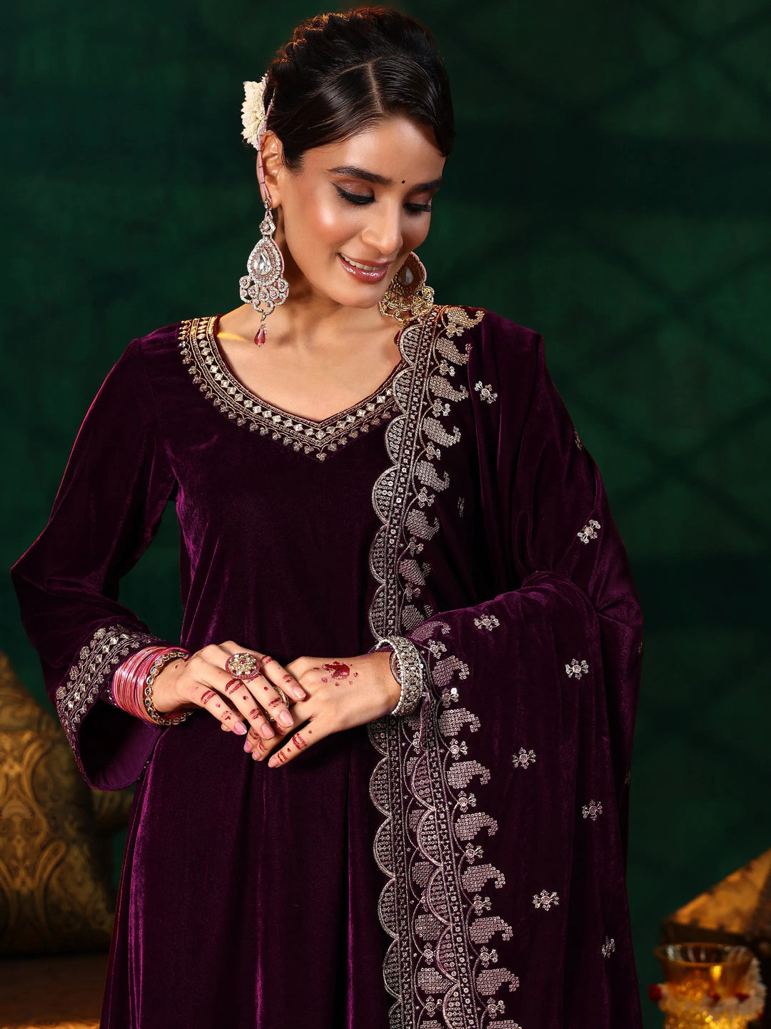  Burgundy Yoke Design Velvet Straight Suit With Dupatta 
