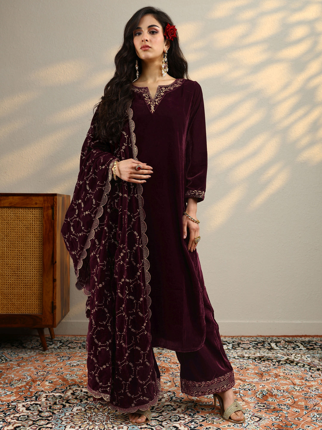  Maroon Yoke Design Velvet Straight Suit With Dupatta 