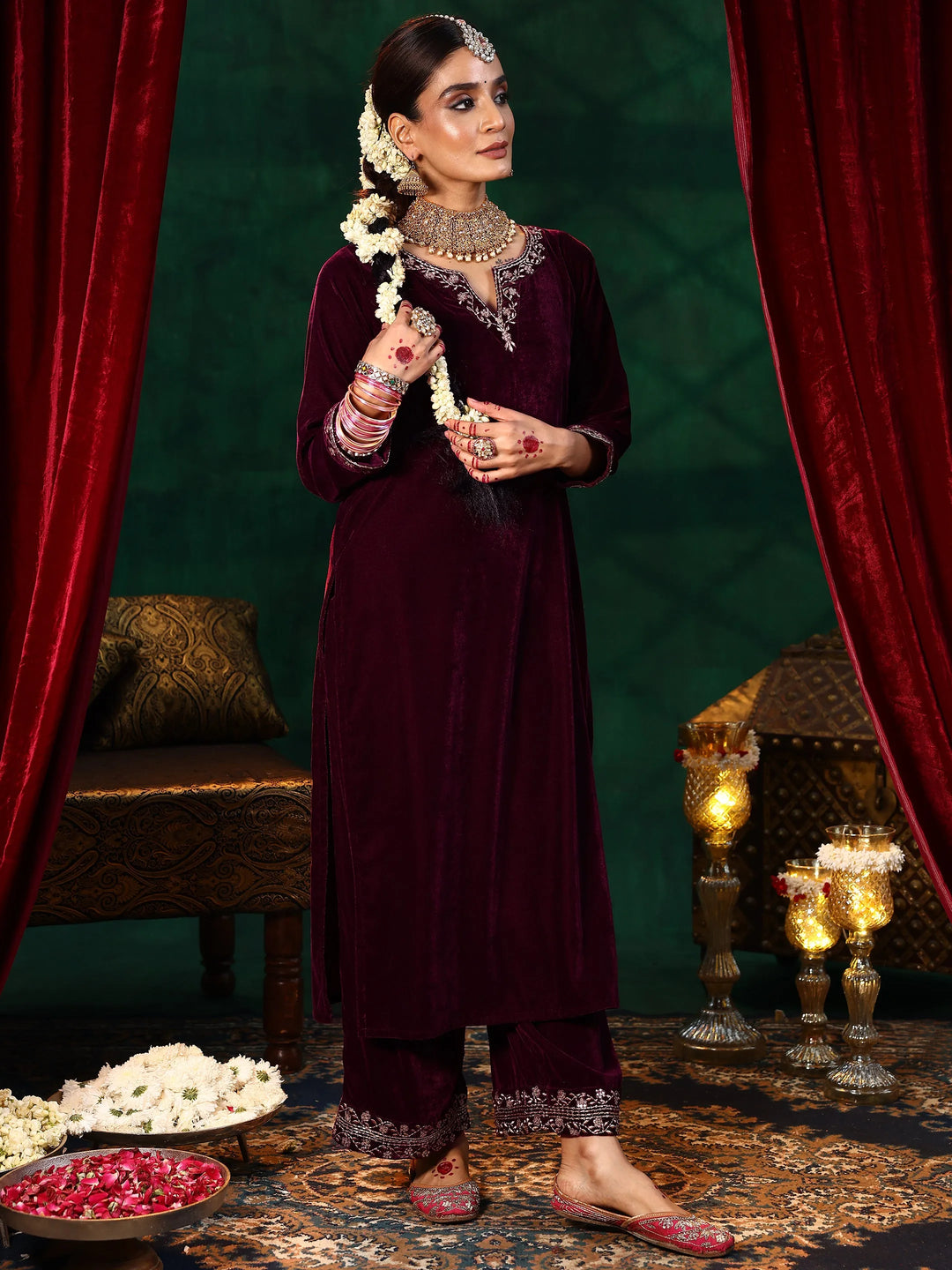  Maroon Yoke Design Velvet Straight Suit With Dupatta 
